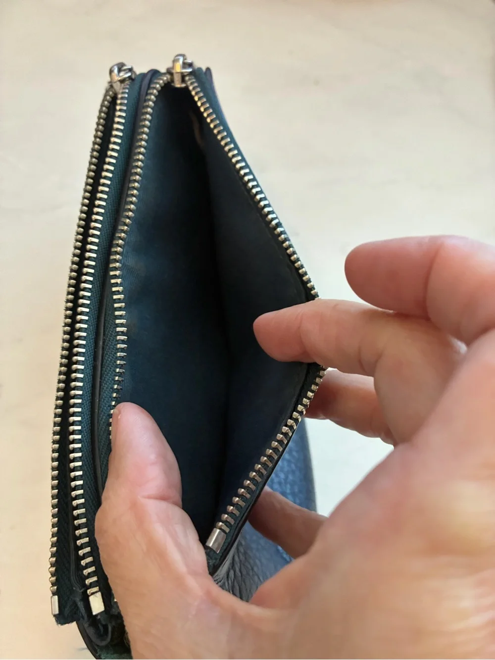 Coach Navy Pebbled Leather Zip Double corner zip wristlet
